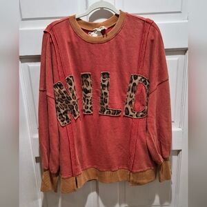 Easel Los Angeles Boho Red “WILD” Leopard Patch Sweatshirt Oversized Small NWT